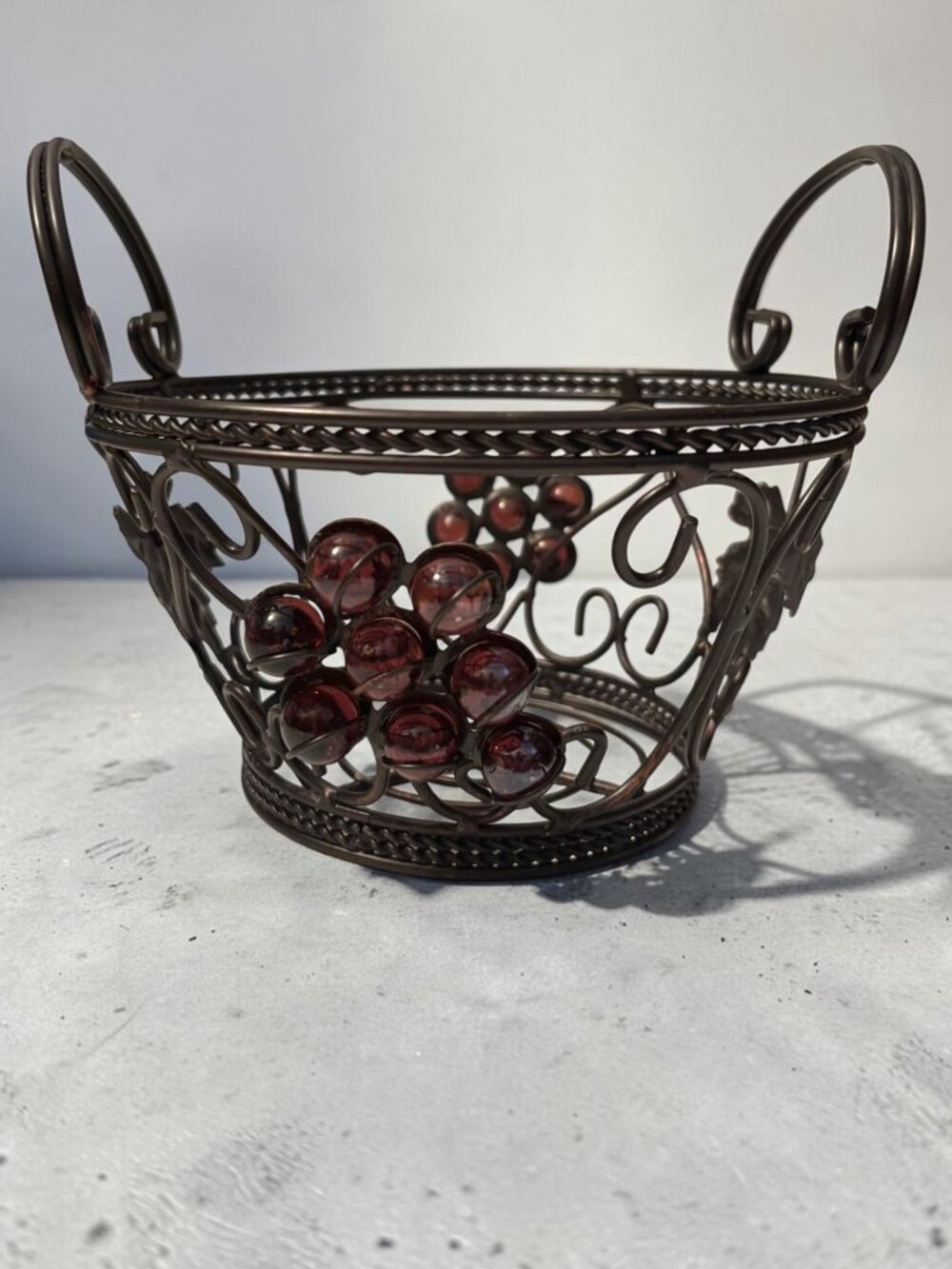 Decorative Wire Basket With Grape Motif &  Glass Accents Metal Construction Rust